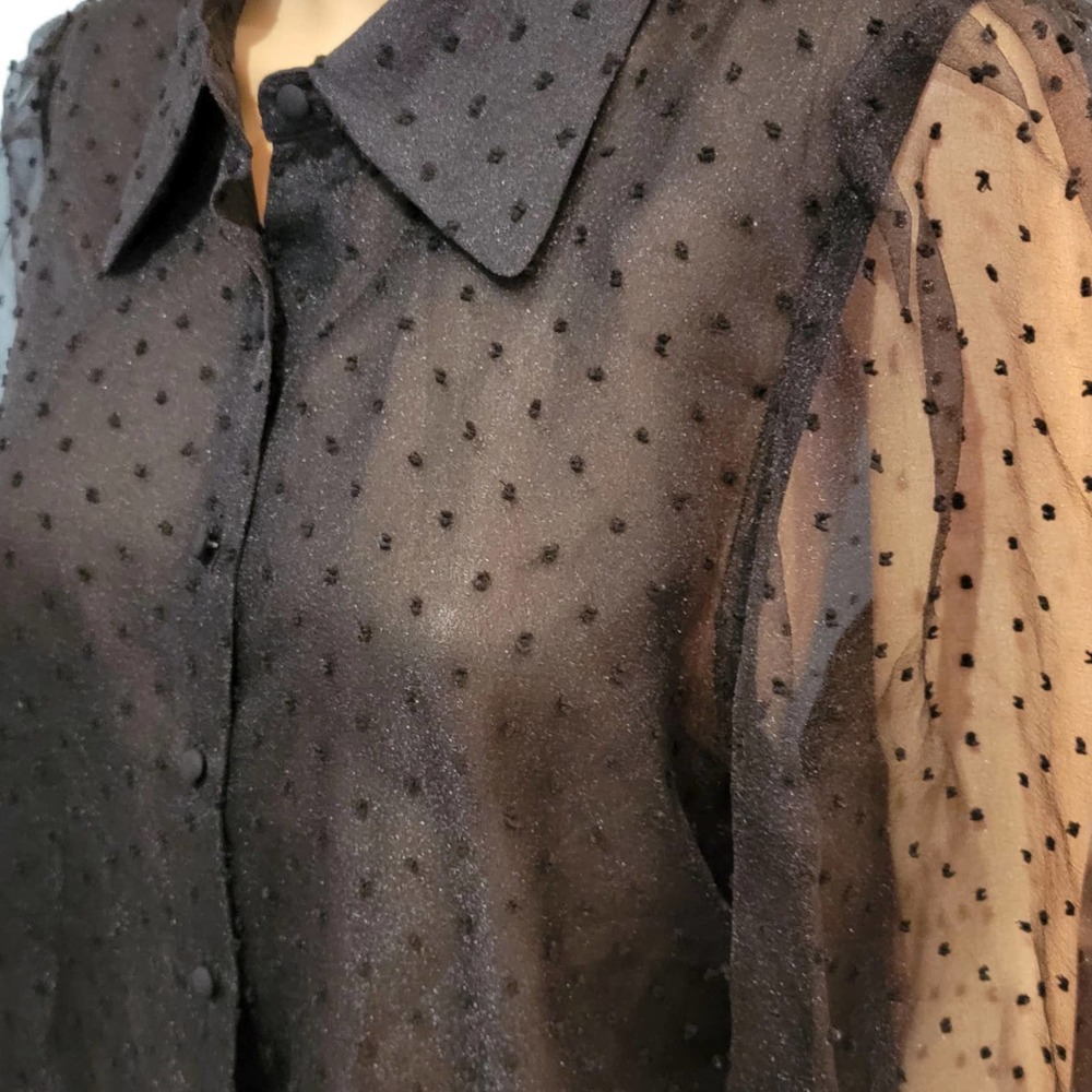 Andrew Marc New York swiss dot bubble sleeve semi sheer top medium NWT - Picture 2 of 5